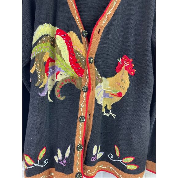 JTWO New York 90s Vintage Vibrant Black Cardigan Rooster Embroidery And Beaded W - Picture 6 of 9